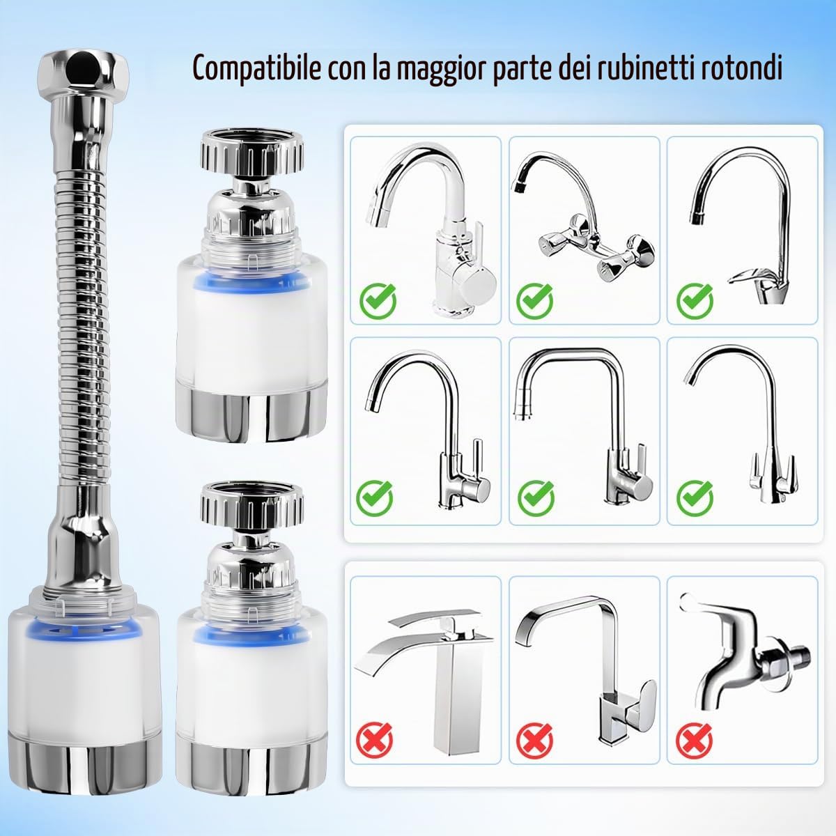 3 filtri per rubinetto rubinetto girevole a 360° filtro dell'acqua con 10 elementi filtranti in cotone PP, filtro universale anticalcare, rubinetto, estensione del rubinetto per cucina e bagno