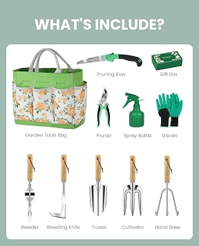 Gardening Tools - 10 Piece Heavy Duty Gardening Hand Tools Stainless Steel Garden Tools with Wooden Handle, Storage Garden Bag, Gardening Gifts for Women and Men