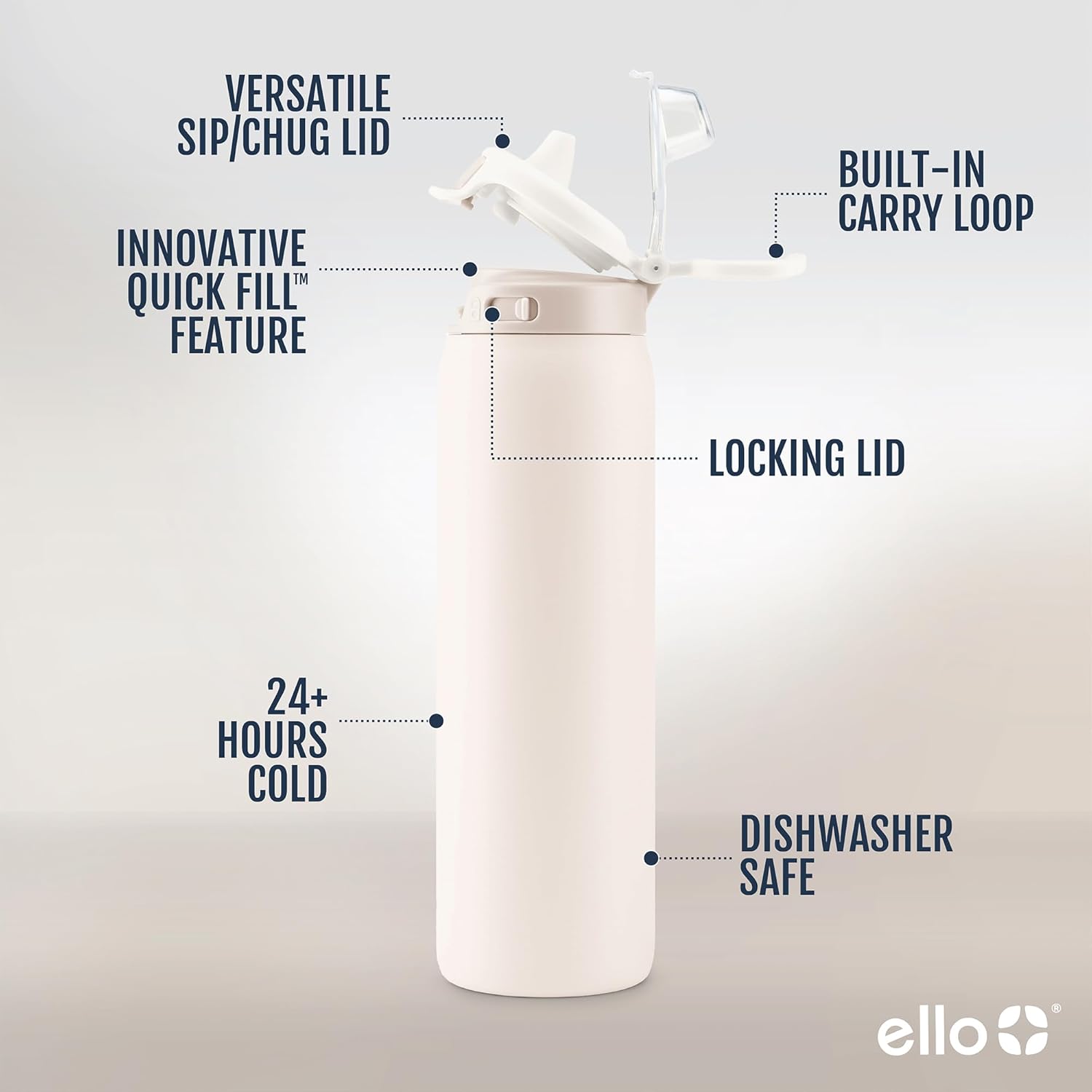 Ello Pop & Fill Stainless Steel Water Bottle with Quick Fill Technology, Double Walled Vacuum Insulated Metal, Leak Proof Locking Lid, Sip & Chug, BPA Free, Holiday Gift for Him Her, 22oz, 32oz, 40oz - Image 3
