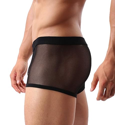 Mens Sexy Underwear Breathable Mesh Boxer Briefs See Through Hollow Lingerie - XX-Large Short - Black