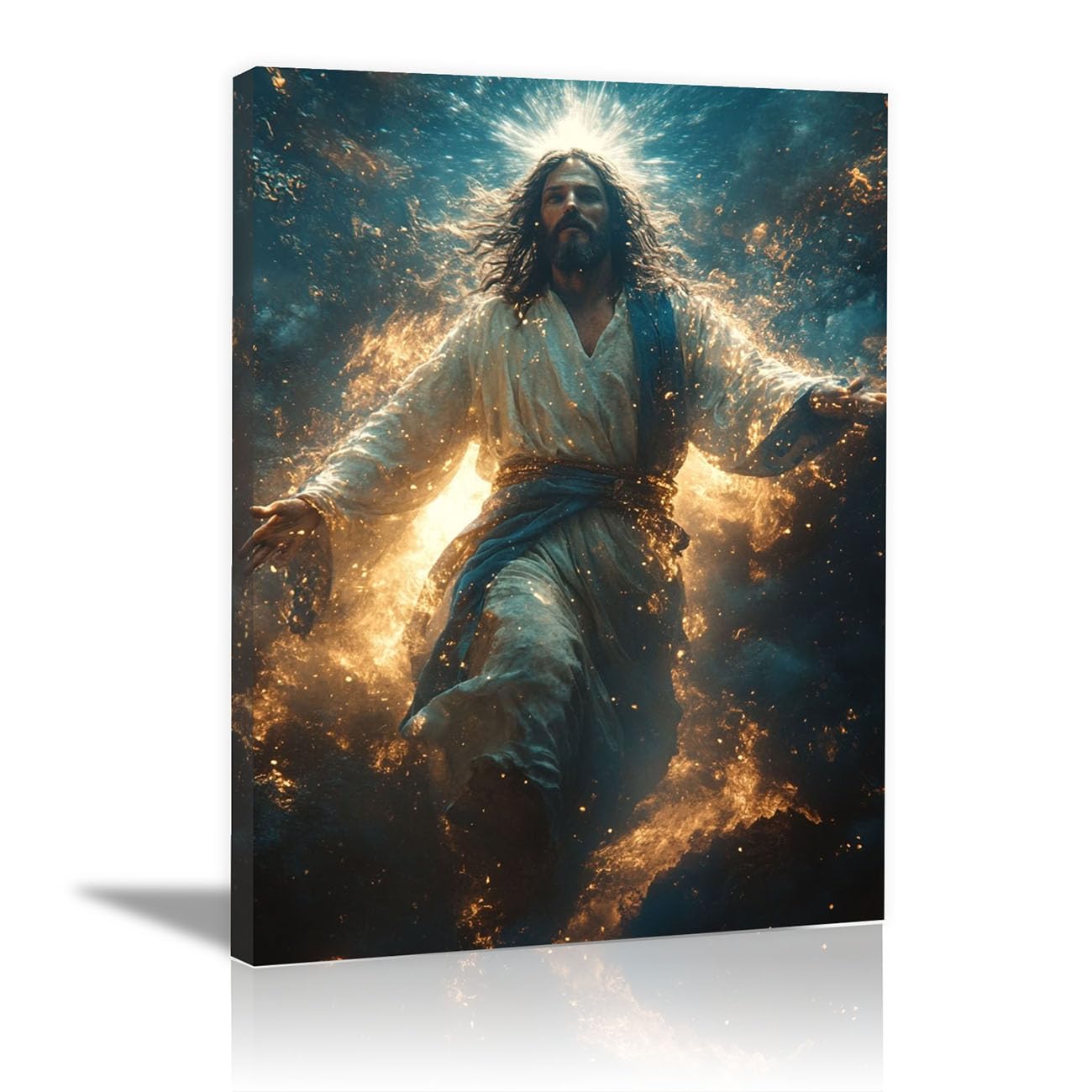 QUSAAOU Canvas Wall Art Jesus Abstract Jesus Image icture Christianity Cross Poster Print Painting for Living Room Bedroom Prayer Room Home Decorate(deep cyan)-70x100cm Framed