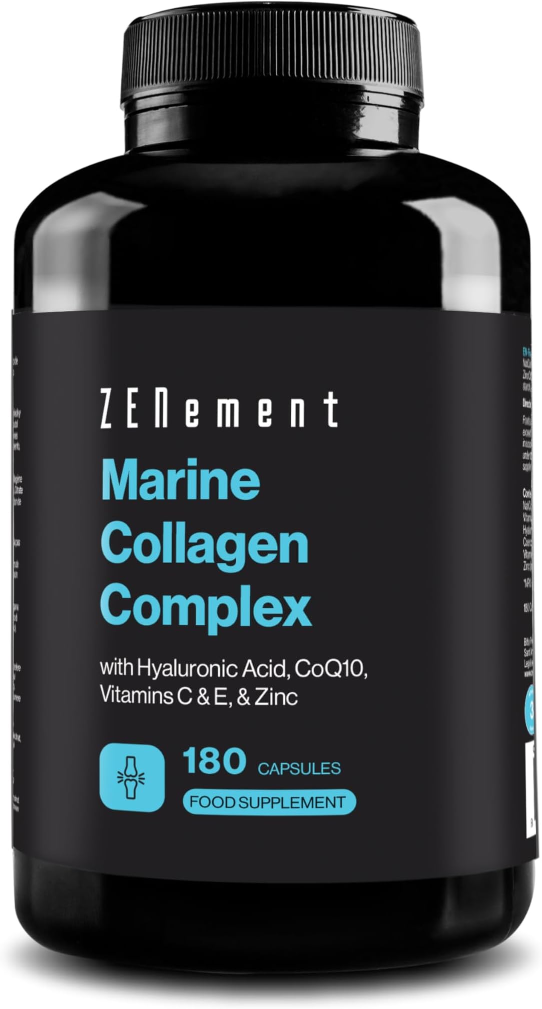 Marine Collagen Complex, with Hyaluronic Acid, CoQ10, Vitamins C & E, & Zinc, 180 Capsules | Joints, Skin and Bones Supplement | Preservative-Free | Zenement
