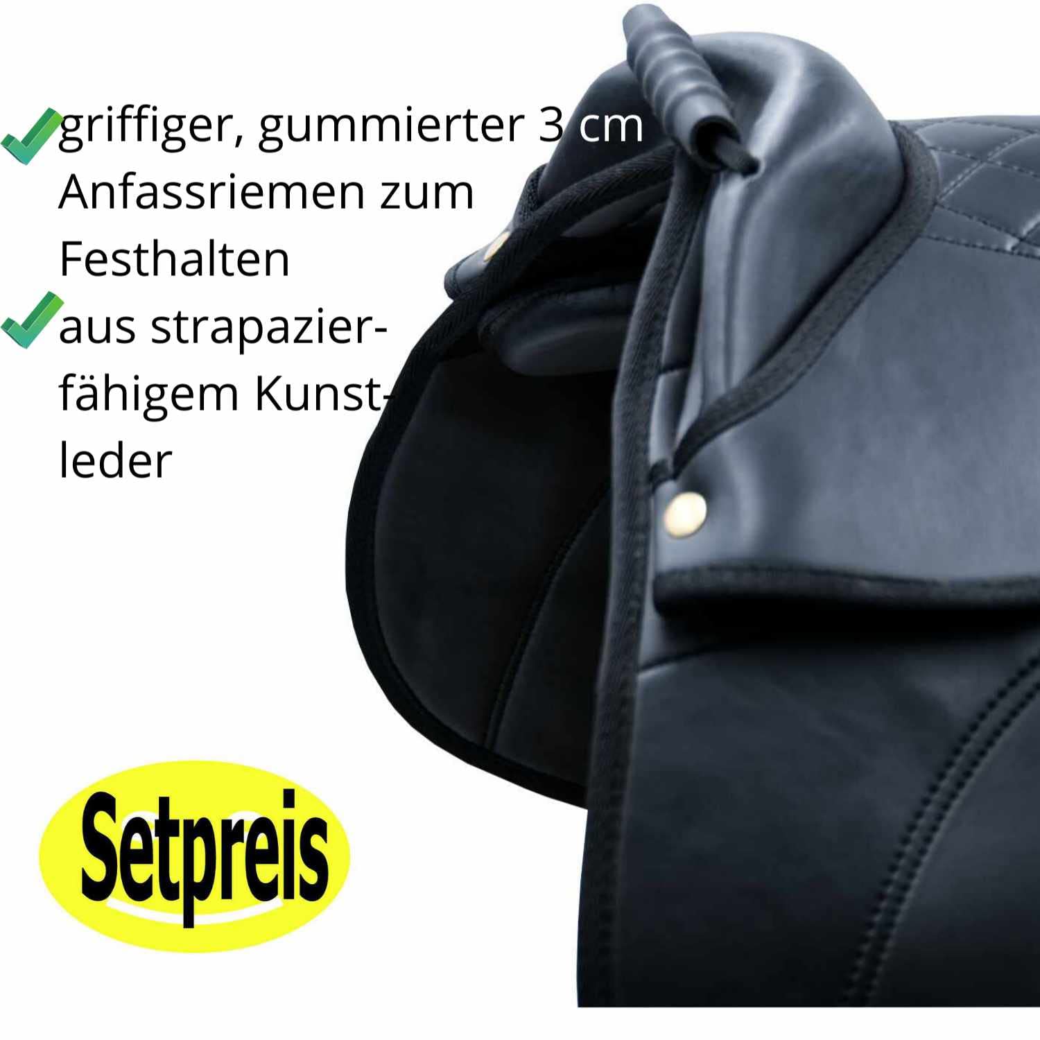 AMKA Reitkissen Pony Sattel Gr. Pony 4teilig anpassbar Sattel für Kinder komplett mit Riemen, Steigbügel und Sattelgurt auch für Holzpferde geeignetes Sattelset