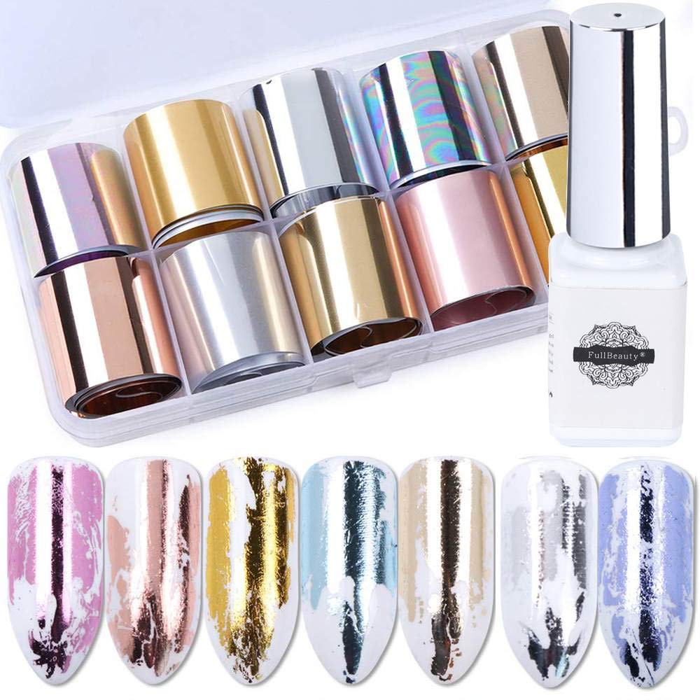 BFY Nail Foil Nail Art Nail Foil Glue Gel Set Nail Foil Transfer Stickers Tips Manicure Art DIY 6ML Nail Foil Transfer Glue, 10PCS (2.5cm100cm) Nail Foil Flakes Stickers, Acrylic Nail Art Supplies