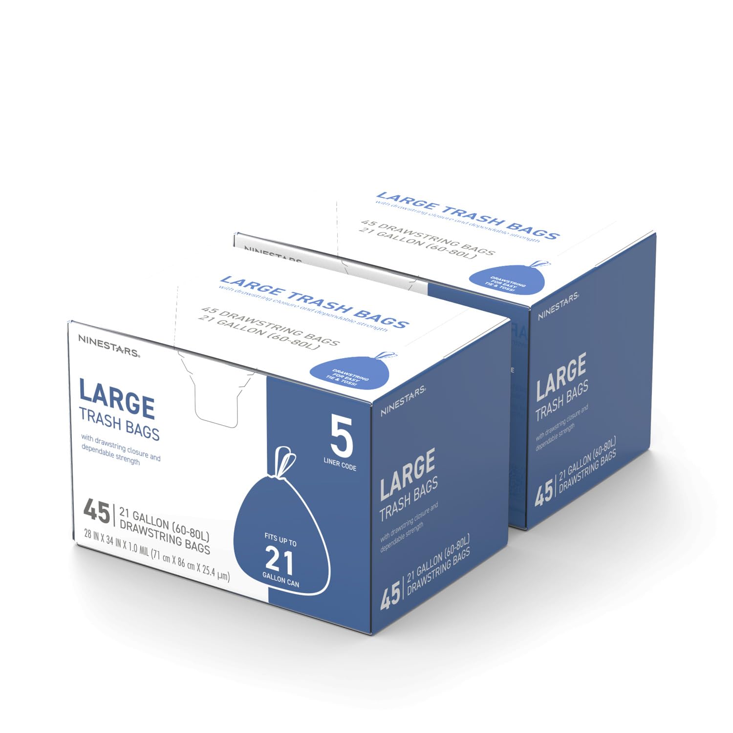 Ninestars Extra Strong White Trash Bags with Drawstring, 21 Gallons, 90 Count, Kitchen Drawstring trash bags 80 Liters, Total 90 Trash Bags