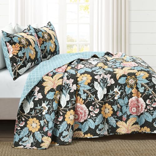 Image of Lush Decor Sydney Reversible Cotton Quilt Set, 3 Piece Set, Full / Queen, Black & Blue - Cotton Bedding Set - Black Floral Quilt - Cottage Decor - Bedding Queen Size