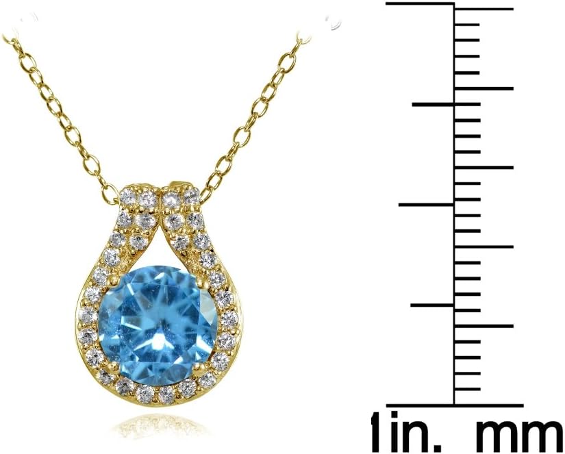 Ice Gems Yellow Gold Flashed Sterling Silver Simulated Gemstone Round Halo Necklace with CZ Accents - Image 3