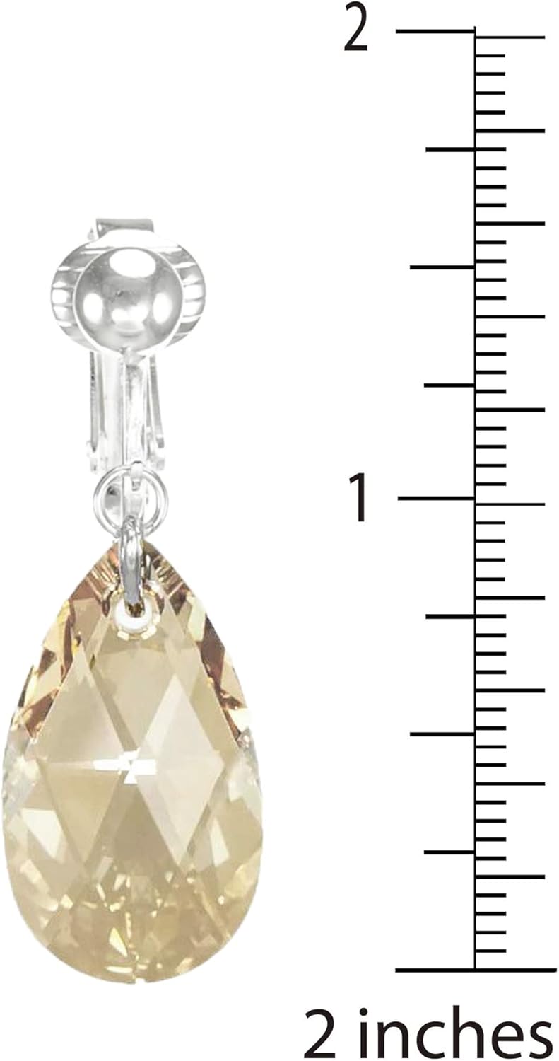 Beautiful 22mm Austrian Crystal Teardrop Dangle Earrings, Silver Clip On, Color Choicce (golden shadow)