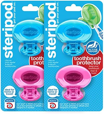Steripod Clip-On Toothbrush Protectors: 2 Blue & 2 Pink (4 Total)
