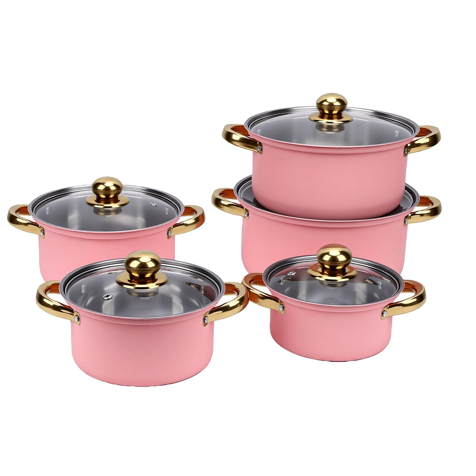 Generic Zestaw naczyń ze Stali Nierdzewnej 16 Cm 18 Cm 20 22 24 Trwałe Garnki do Gotowania w Domu ze Szklanymi Pokrywkami (PINK)