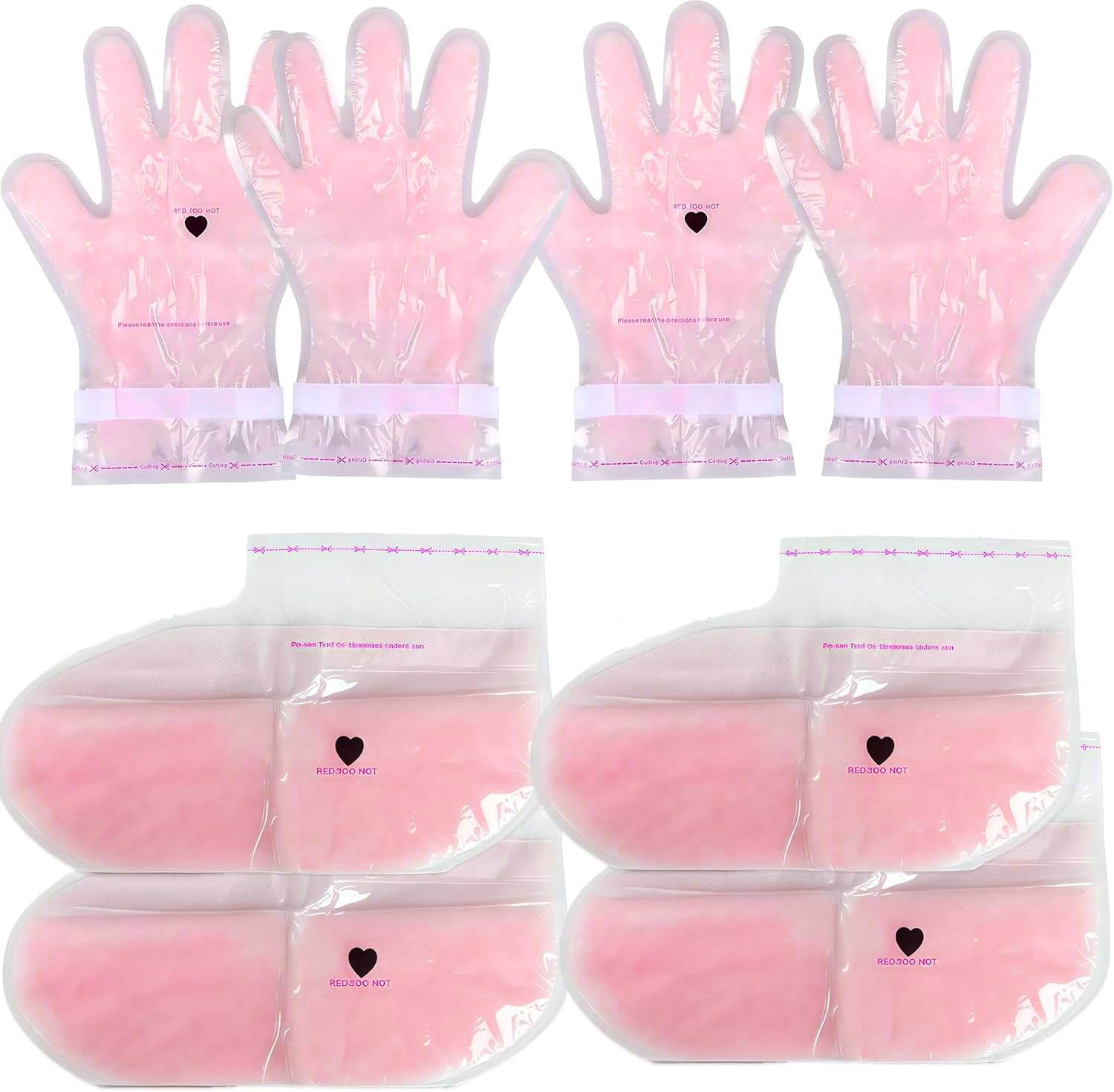 Guantes de Tratamiento de Cera de Parafina para Manos y Pies, 4 Pares Guantes de Cera Rosados, Máscara de Cera Curativa Suavizante para Piel Seca y Agrietada | Cuidado Intensivo de Manicura y Pedicura