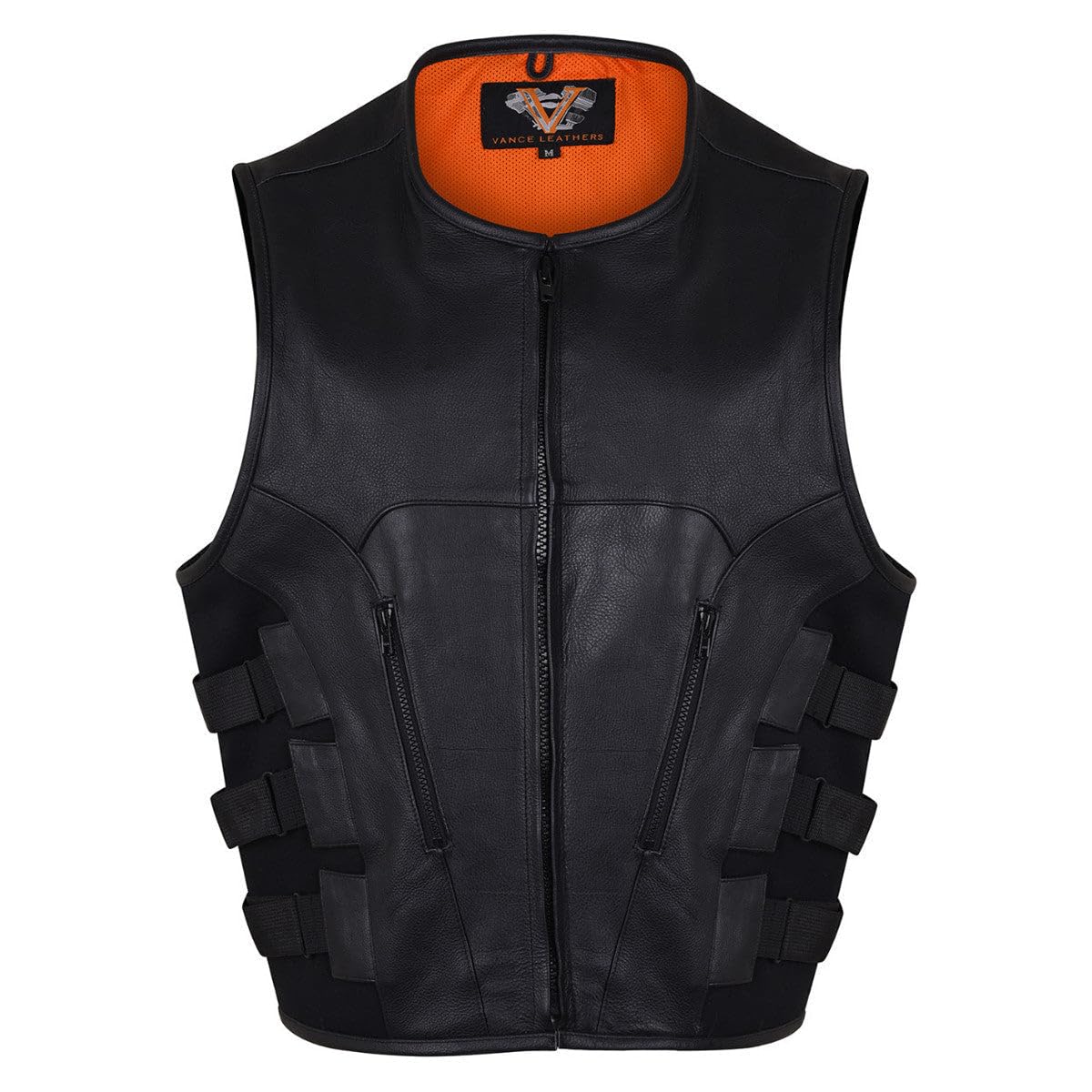Men’s Black Leather Motorcycle Vest – SWAT Team Style with Zipper Front & Adjustable Side Straps (Large)