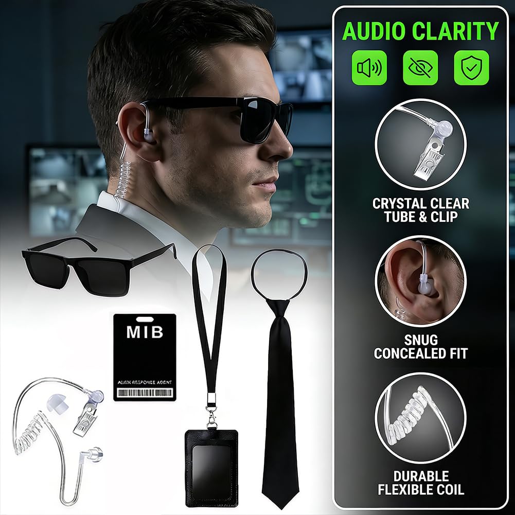JynkChrenzic 6PCS Agent Costume Accessories,Men in Black Costume with ID Card Fake Earpiece Zip Tie Black Frame Sunglasses,Mib Outfit Accessories for Secret Guard Fancy Dress Kit - Image 3