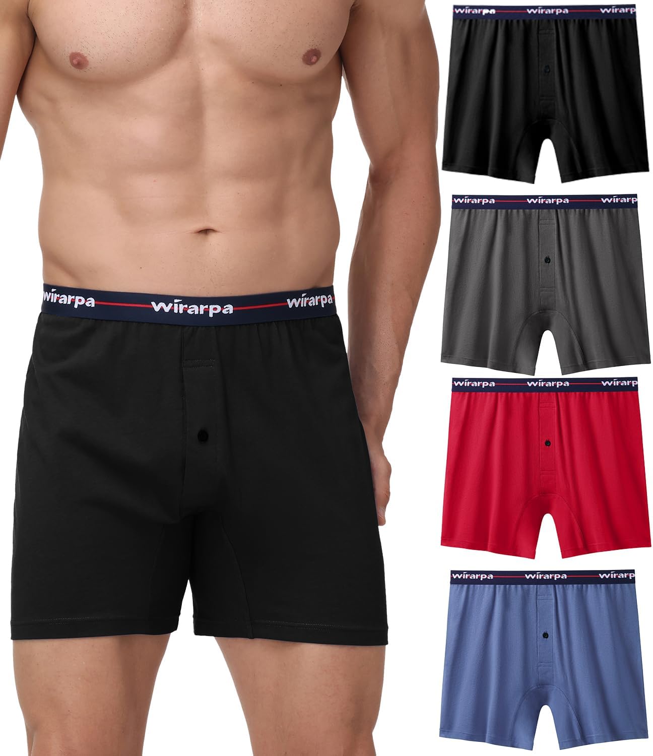 wirarpa Men's Loose Boxer Briefs 100 Cotton Boxer Shorts Underwear Button Fly 4 Pack
