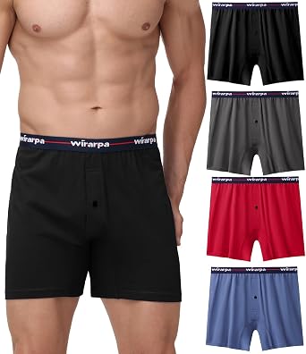 wirarpa Mens 100% Cotton Boxer Shorts Button Fly Underwear 4 Pack