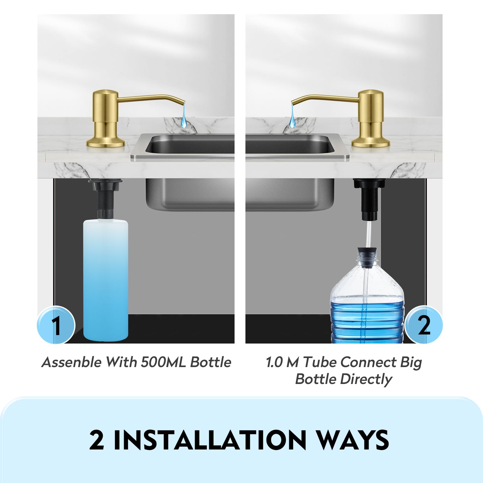 CREA Fregaderos de cocina, dispensador de jabón integrado, dispensador de detergente para fregadero, montaje en encimera con botella de 500 ml y manguera de extensión de 1 m de llenado superior, acero