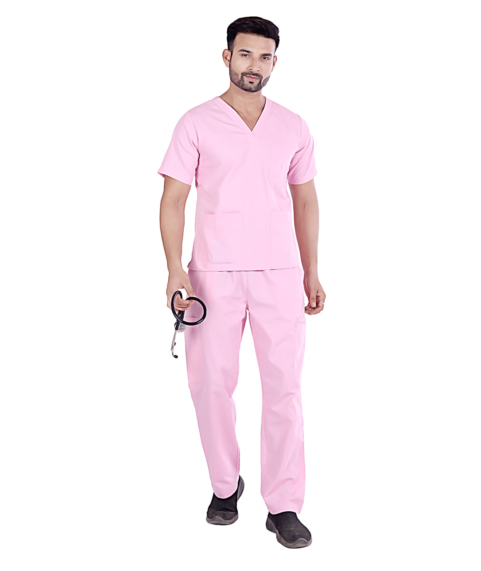 Mens Uniform Set | V-Neck Top & Bottom | Lightweight Fabric | Breathable Uniform for Men | Comfortable Wear (Soft Pink, XXL)-image-43
