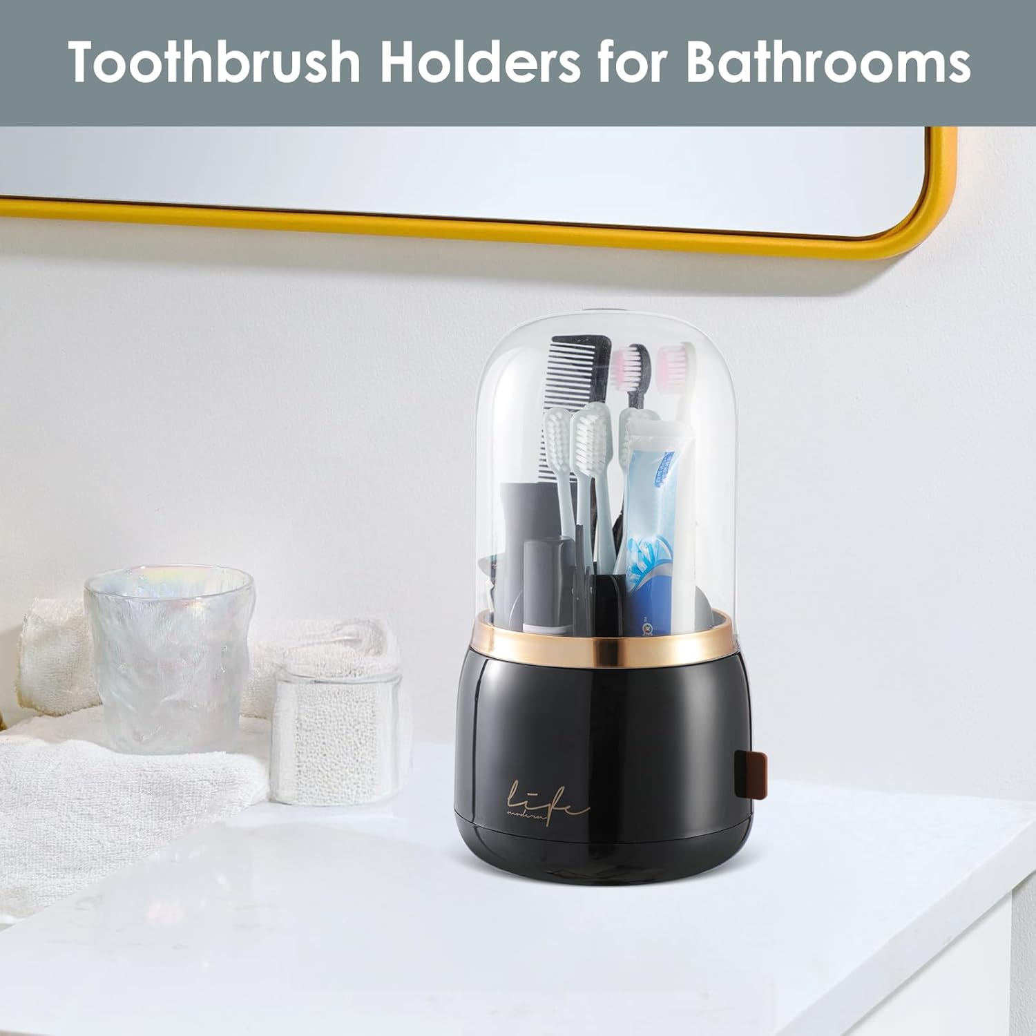 Toothbrush Holders with Cover for Bathrooms, 360° Rotating