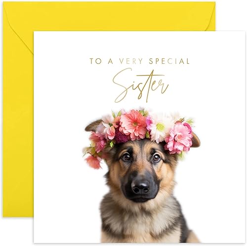 Old English Co. - Tarjeta de felicitación de perro pastor alemán muy especial, diseño floral de cachorro de pastor alemán para ella, lindas tarjetas
