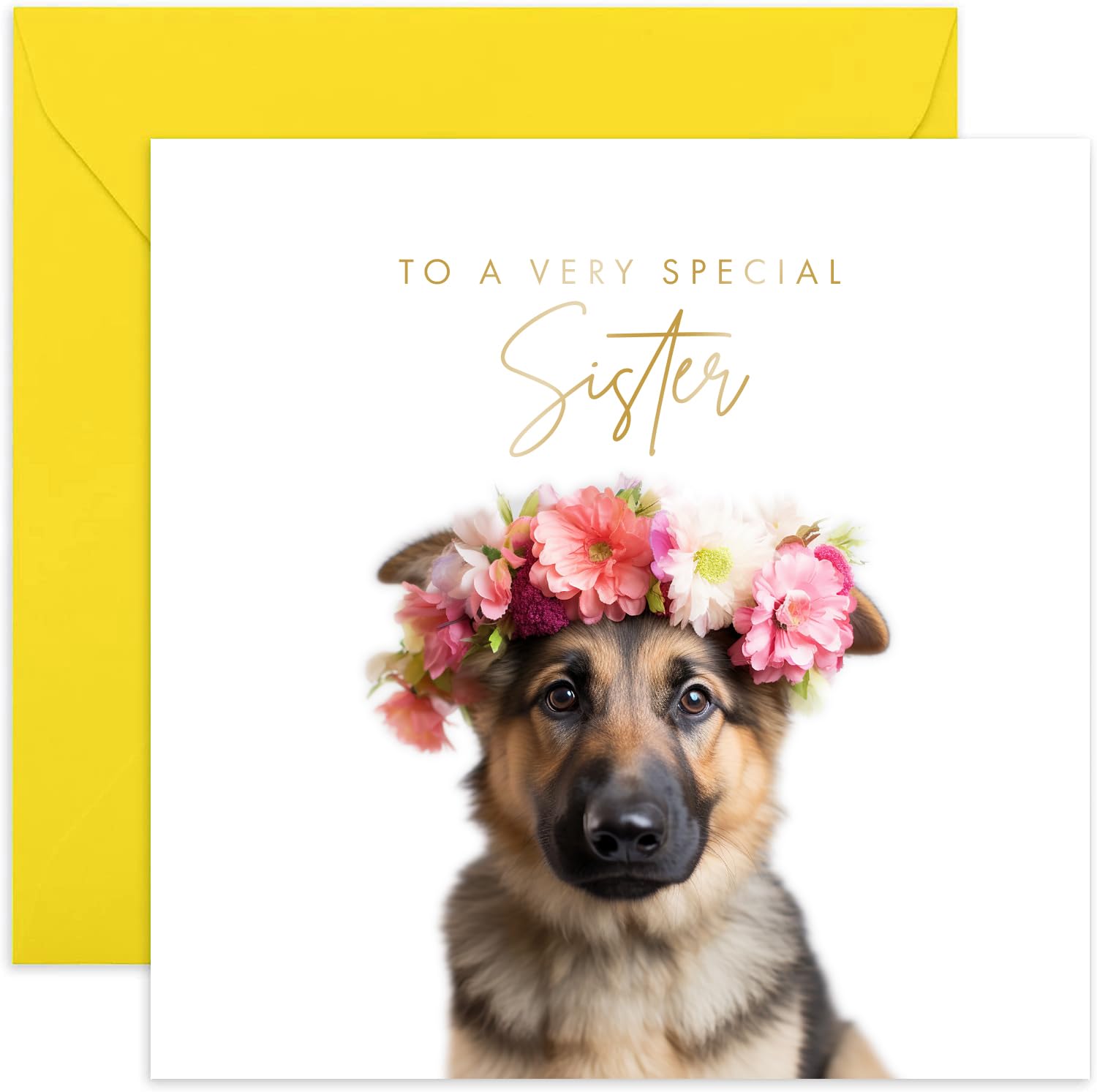 Old English Co. Geburtstagskarte Für Schwester – Motiv Deutscher Schäferhund Mit Blumen, Herzliche Grußkarte