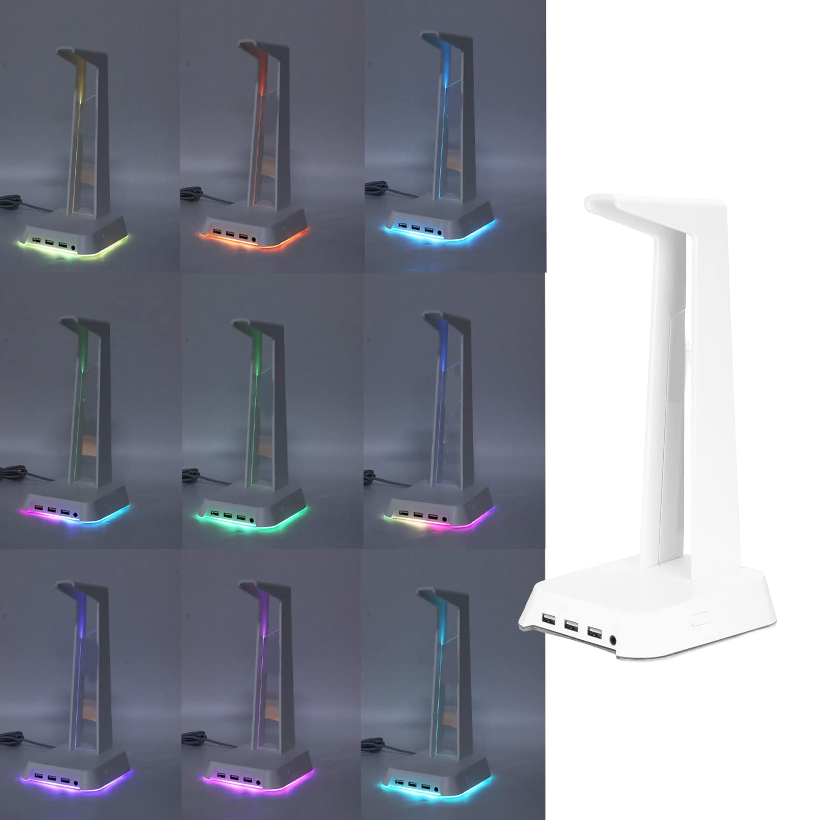 Cyrank Supporto per Cuffie RGB, Supporto per Cuffie da Gioco Supporto per Auricolari da Tavolo 2 in 1 con 3 Porte di Ricarica USB Fantastici Accessori da Scrivania per Tutte Le Cuffie(Bianco)