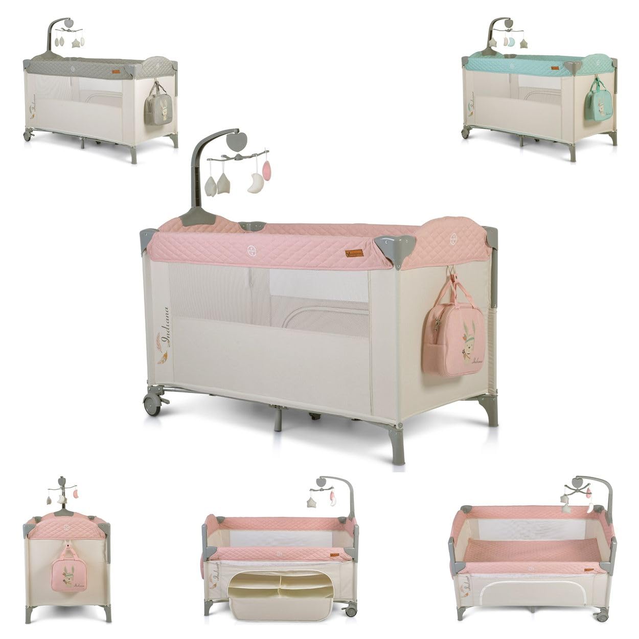 Cangaroo Indiana Camping Kinderbett, mit Musikmobil mit 4 Kuscheltieren, Organizer und eine Tragetasche, Rosa