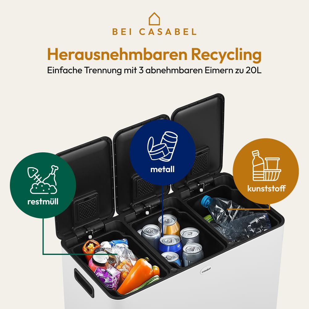 CASABEL Dreifach-Küchenabfalleimer 3x20L, 3 Pedale, Edelstahl, weiß | Dreifachfach, Mülltrennung, 60L, dichte Deckel, fingerabdruckresistent, herausnehmbare Eimer, pflegeleicht