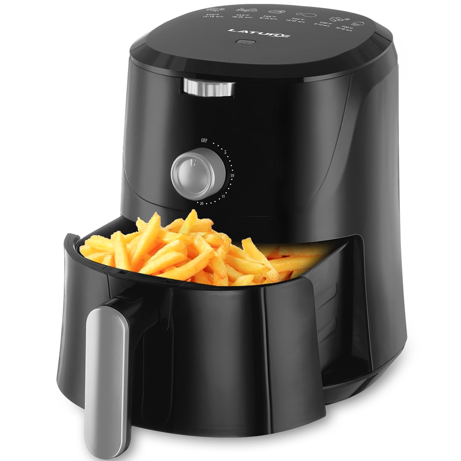 LATURE 4.2 QT Air Fryer, front view with basket pulled out showing fries