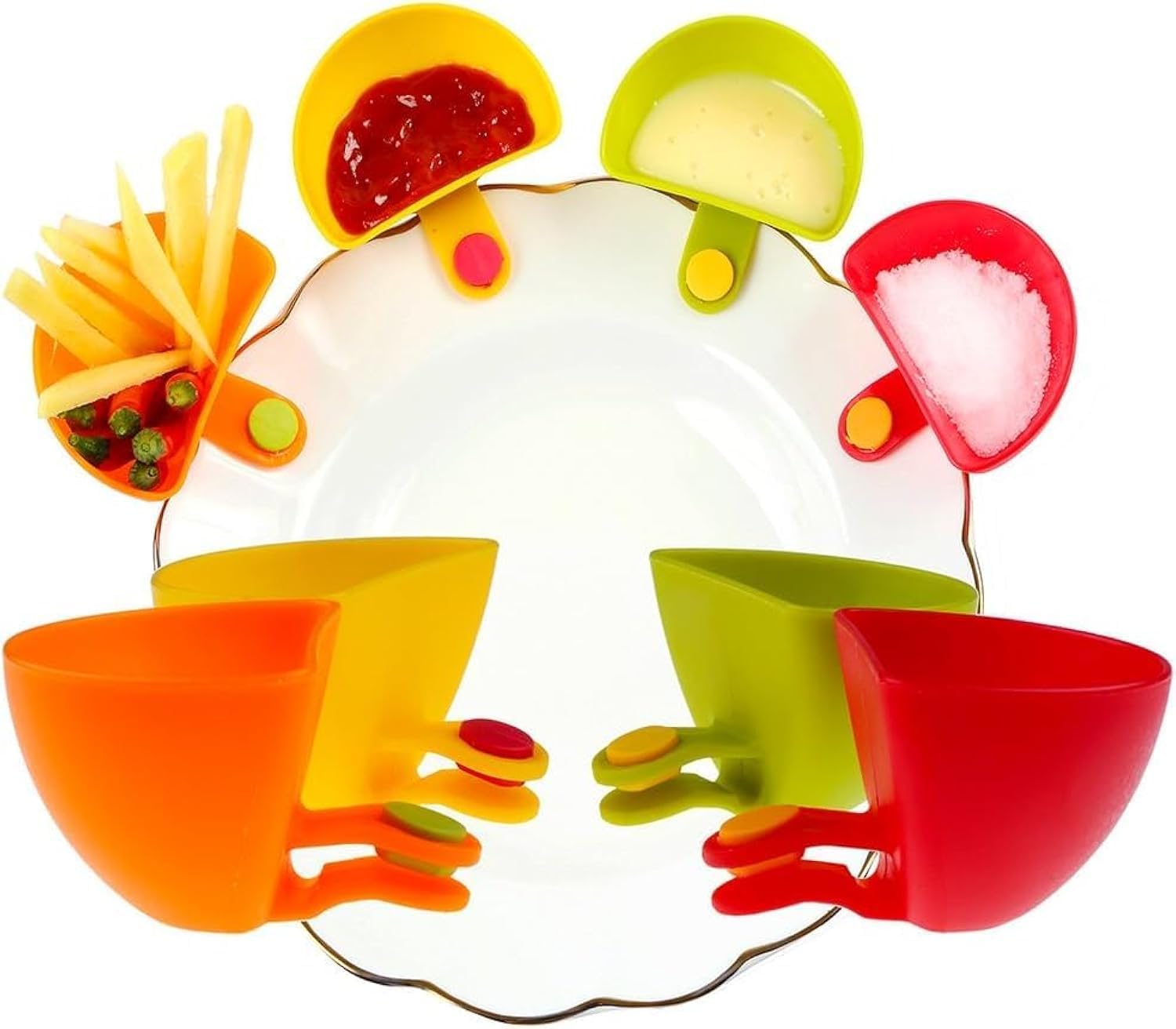 4 Pcs Dip Clip Bowl Plate Holder, Salad Dressing Containers, Plastic Dish Chip Set for Spice Tomato Sauce Salt Veggie Ketchup Chips, Kitchen & Restaurant Serving Dipping Container