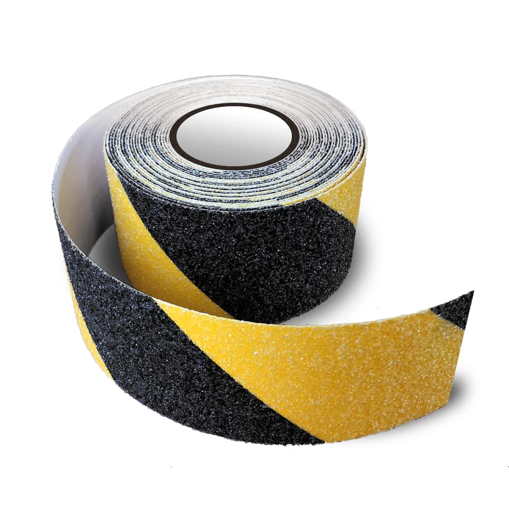 Anti Slip Tape, High Traction Strong Grip Abrasive, Non Skid Strip Safety Track Hazard Warning Tape for Stairs Tread Steps Ramps Indoor or Outdoor, Yellow and Black (50MM Width x 5M Long)