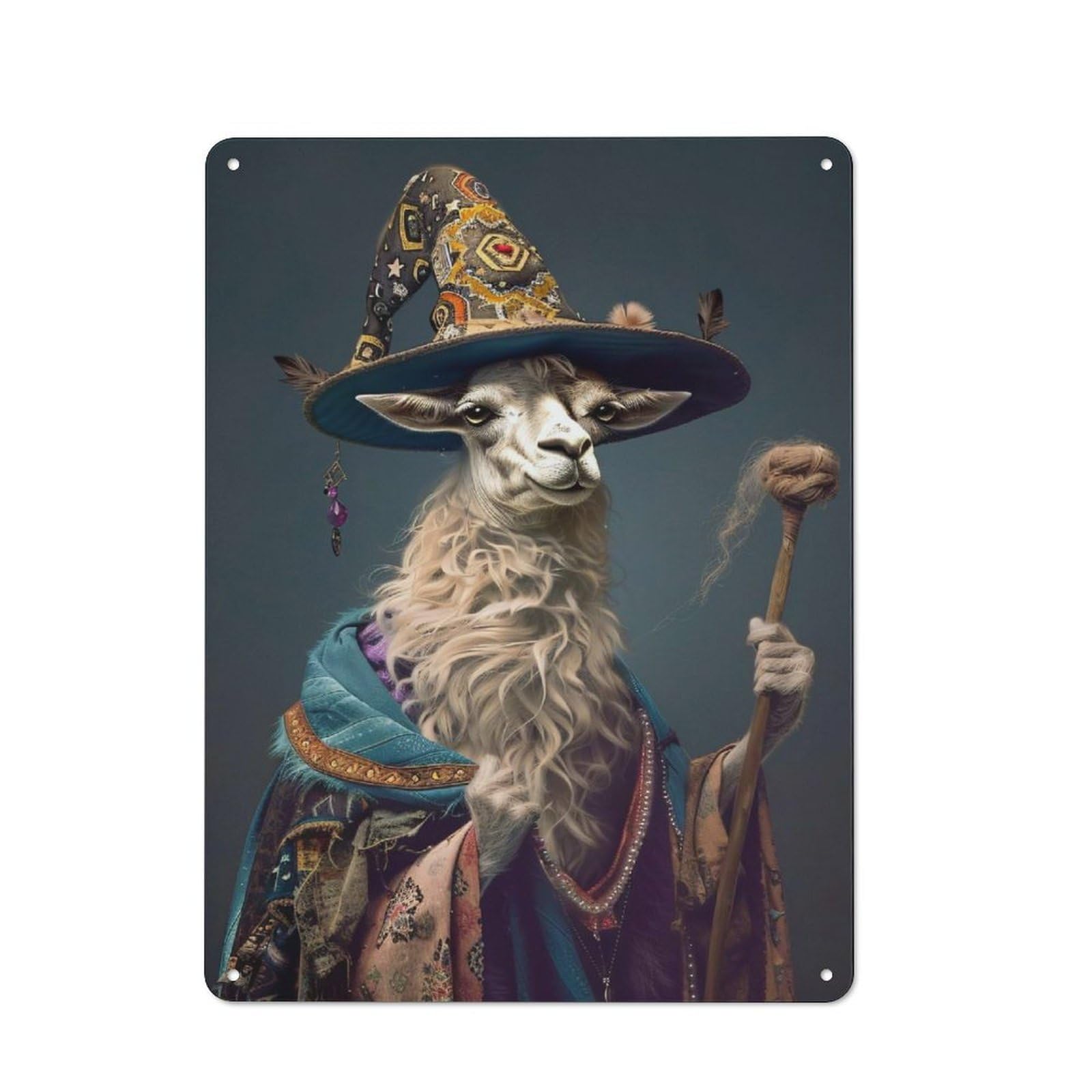 Junmoney Style-8 Llama Wizard Portrait Barn Style Metal Wall Decor 40X30cm, Country Metal Sign For Kitchen, Cottage, Porch Or Garden Room