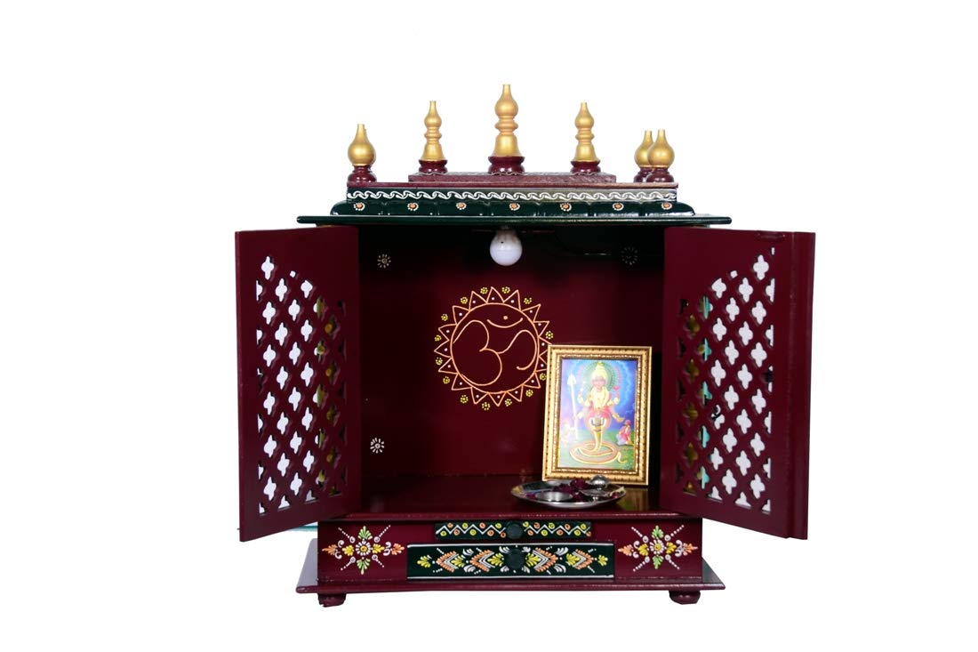 Jodhpur Handicrafts Wooden Temple with LED Bulb with Pooja Thali and God Photo Frame
