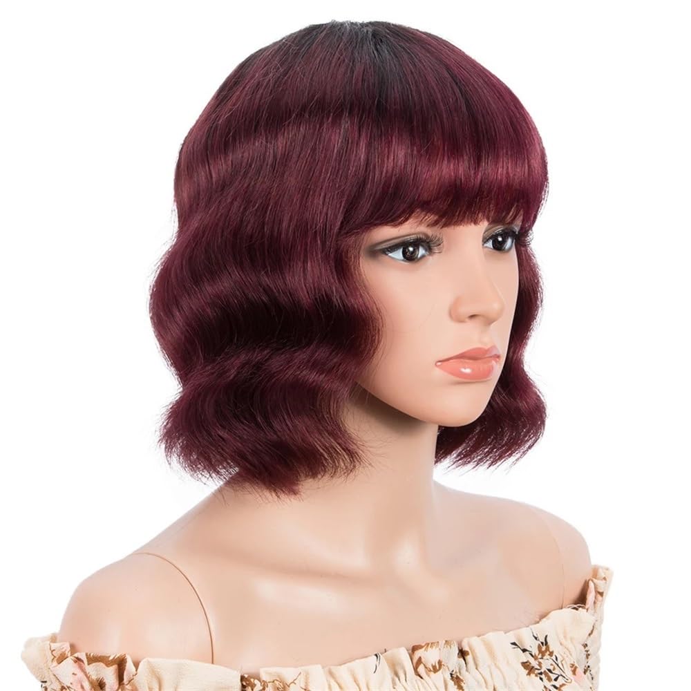 xiuling4568 8 inch Short Pixie Wavy Bob Human Hair Wigs with Bangs for Women Brazilian Remy Hair Wig Hairs Extensions(Wine red)