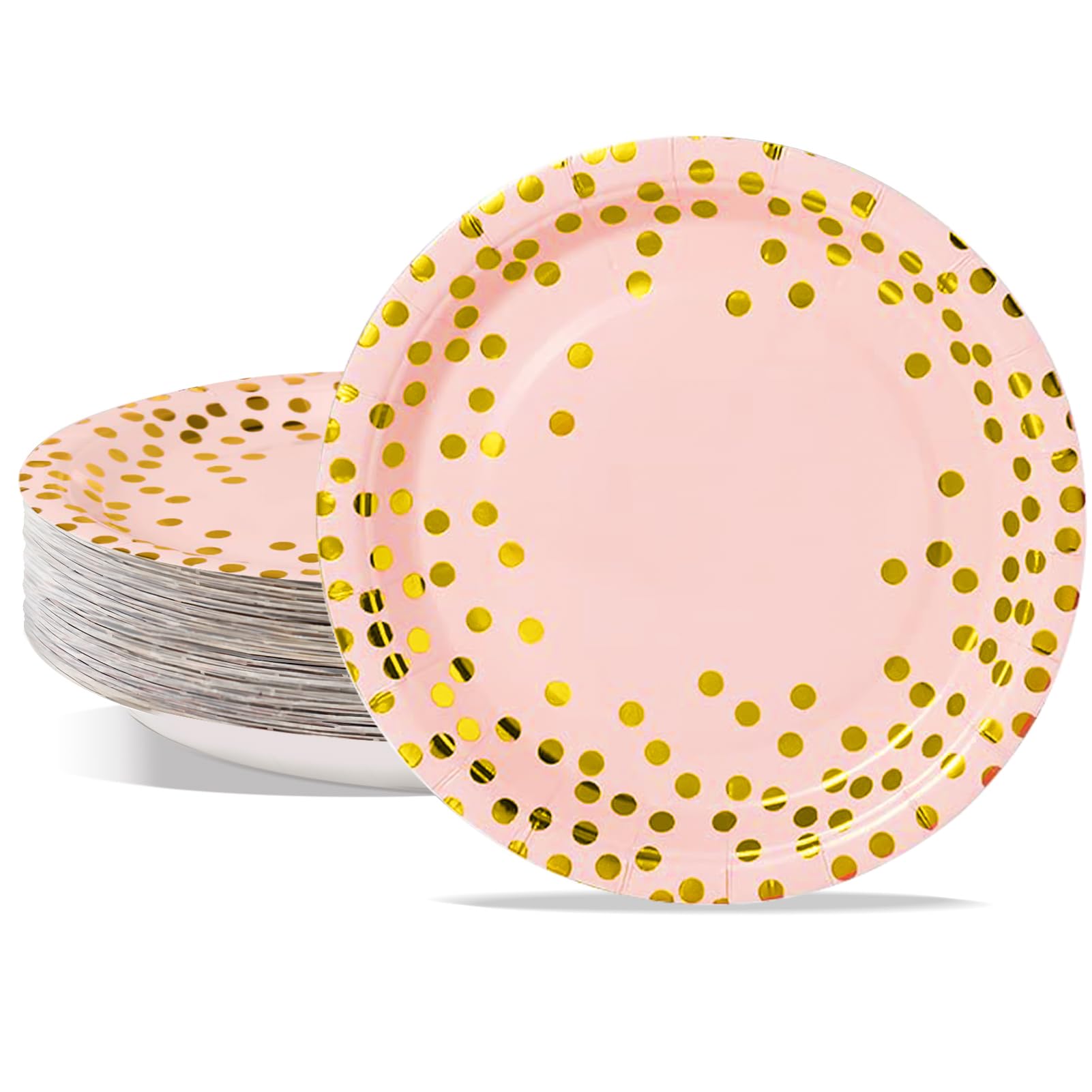 PYAILI Party Paper Plates, 50-Pack Disposable Rose Gold Plates, Foil Polka Dots, 18 Centimetres-7 Inch