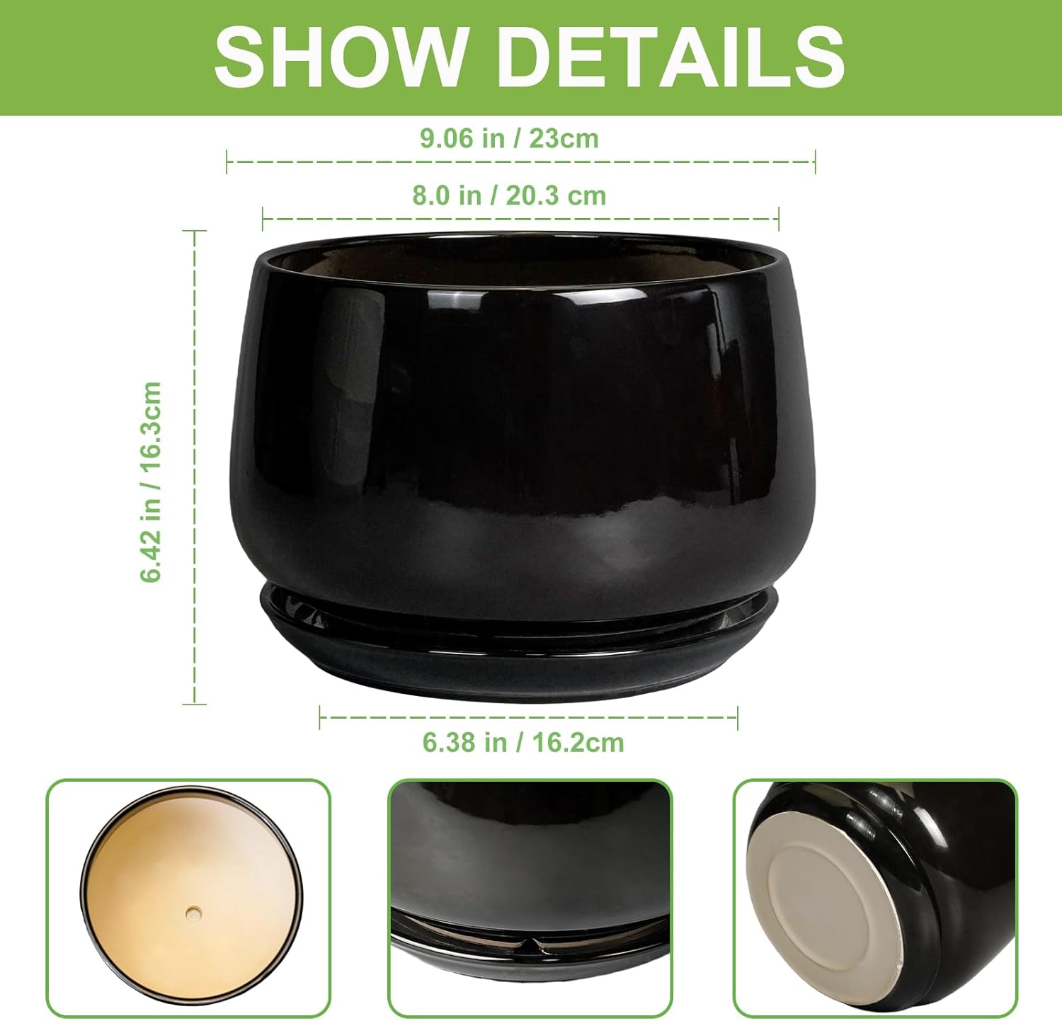 G EPGardening Ceramic Plant Pots - 9 Inch Round Planter, Ceramic Pots for Plants with Drainage and Tray, Flower Indoor Outdoor Planter, Modern Desk Decor, Plant Lover Gifts, Black thumbnail