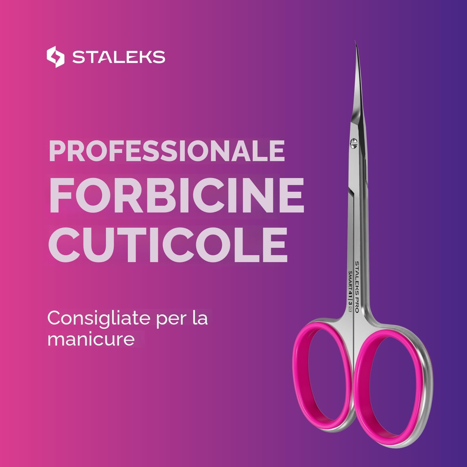 Staleks Pro - Forbici Professionali per Pelle Cuticola, Lame con Gancio e Manici in Silicone Rosa, Affilatura Manuale, Smart 41 Type 3, SS-41/3