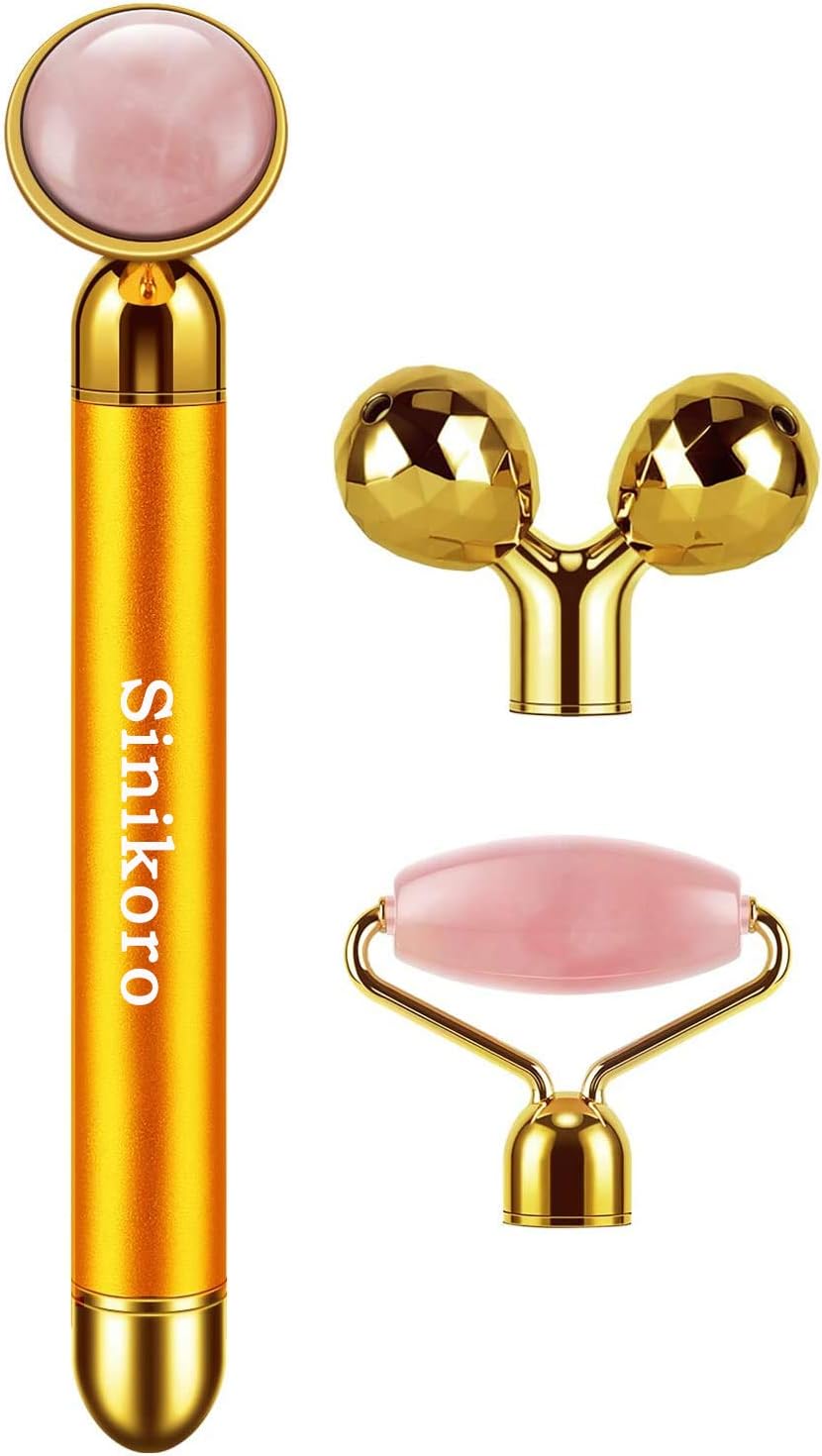 Sinikoro 3-in-1 Electric Jade Roller Massager 3D Roller Facial Roller & Face Massager, Rose Quartz