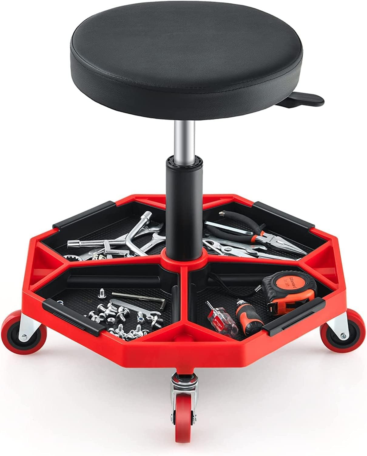FANTASK Sgabello da officina regolabile in altezza, 41 – 55 cm, con ripiano e 4 ruote universali, per attrezzi e sgabello pneumatico, portata 150 kg