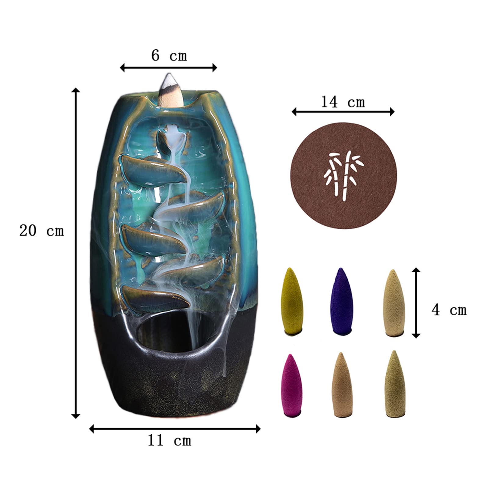 Kadzielnica z przepływem wstecznym, ceramiczna kadzielnica z 60 stożkami kadzidłowymi z przepływem wstecznym i 1 matą, do aromaterapii, ozdoba mieszkania, niebieska, duża
