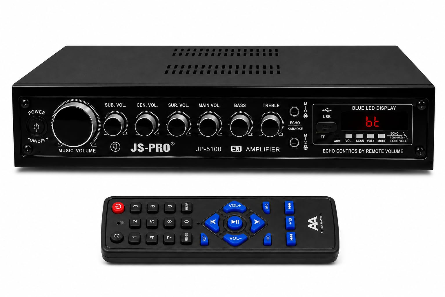 JP-5100 5.1 Home Theatre Amplifier with Remote | Dual Mic Karaoke, Bass & Treble Control, Remote Control Included, Metal Body, Home, Shop & Events-image-11