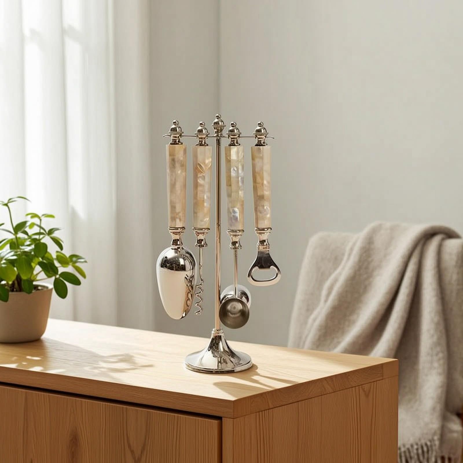 Qianly Juego Bar con Soporte Compacto Set Coctelería con Soporte Coctelera para Bnrs, 14 9 30cm, Juego De Bar De Rombos Marrones