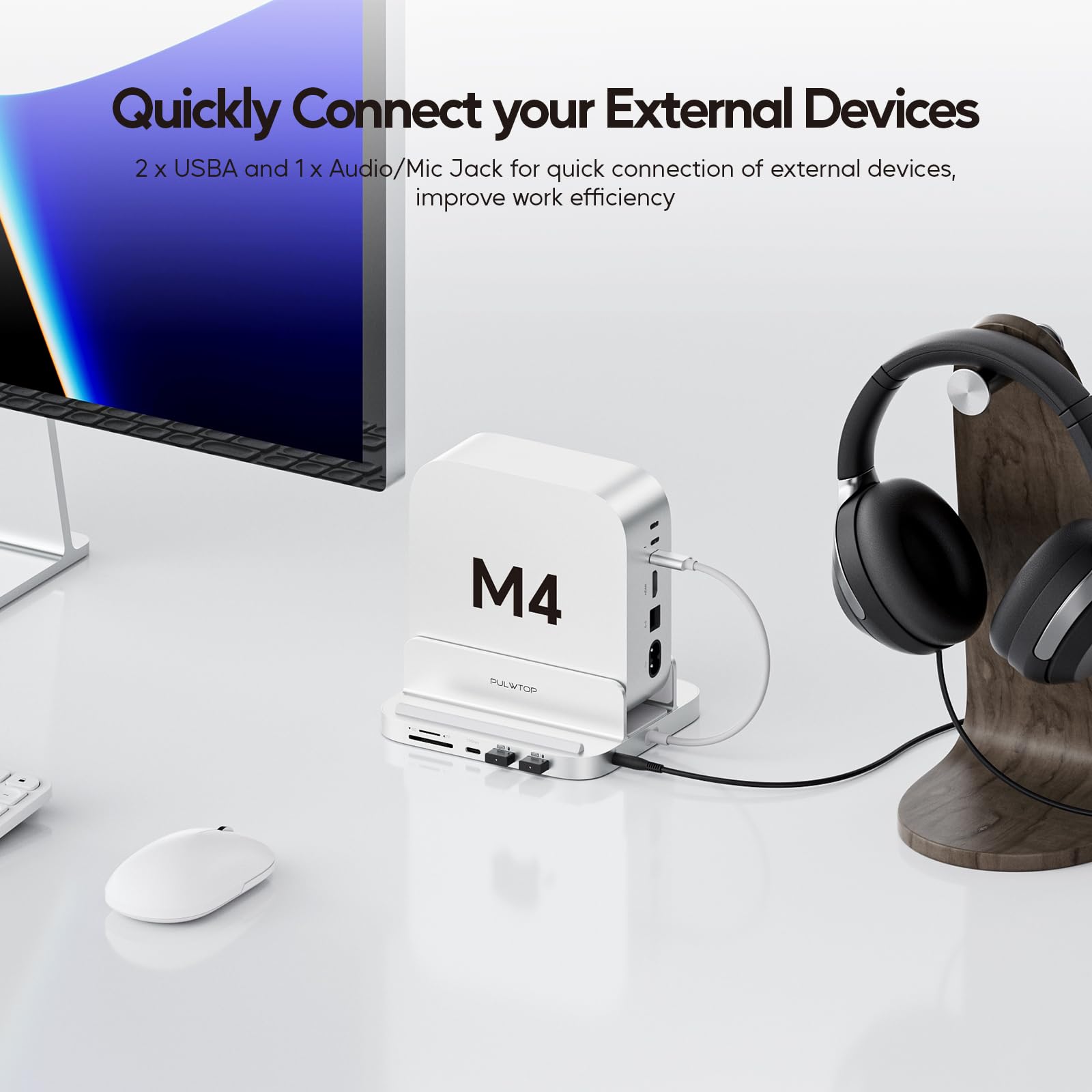 Mac Mini M4 Dock 8 en 1 avec boîtier SSD M.2 de 4TB pour Mac Mini M4/M4 Pro | PULWTOP Hub USB-C pour Mac Mini M4 et M4 Pro 2024, Station d'accueil avec USB A/C 10 Gbit/S, USB A 2.0, Audio, SD/TF