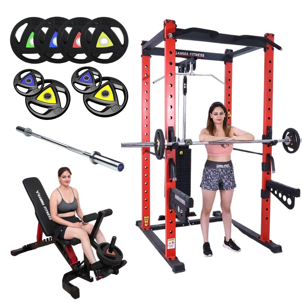 Gamma Fitness Power Squat Rack PR-42 Combo with Olympic 7 Feet Barbell, Adjustable Bench MB-400 & Rubber Coated Weight Plates (150 Kg)-image-14