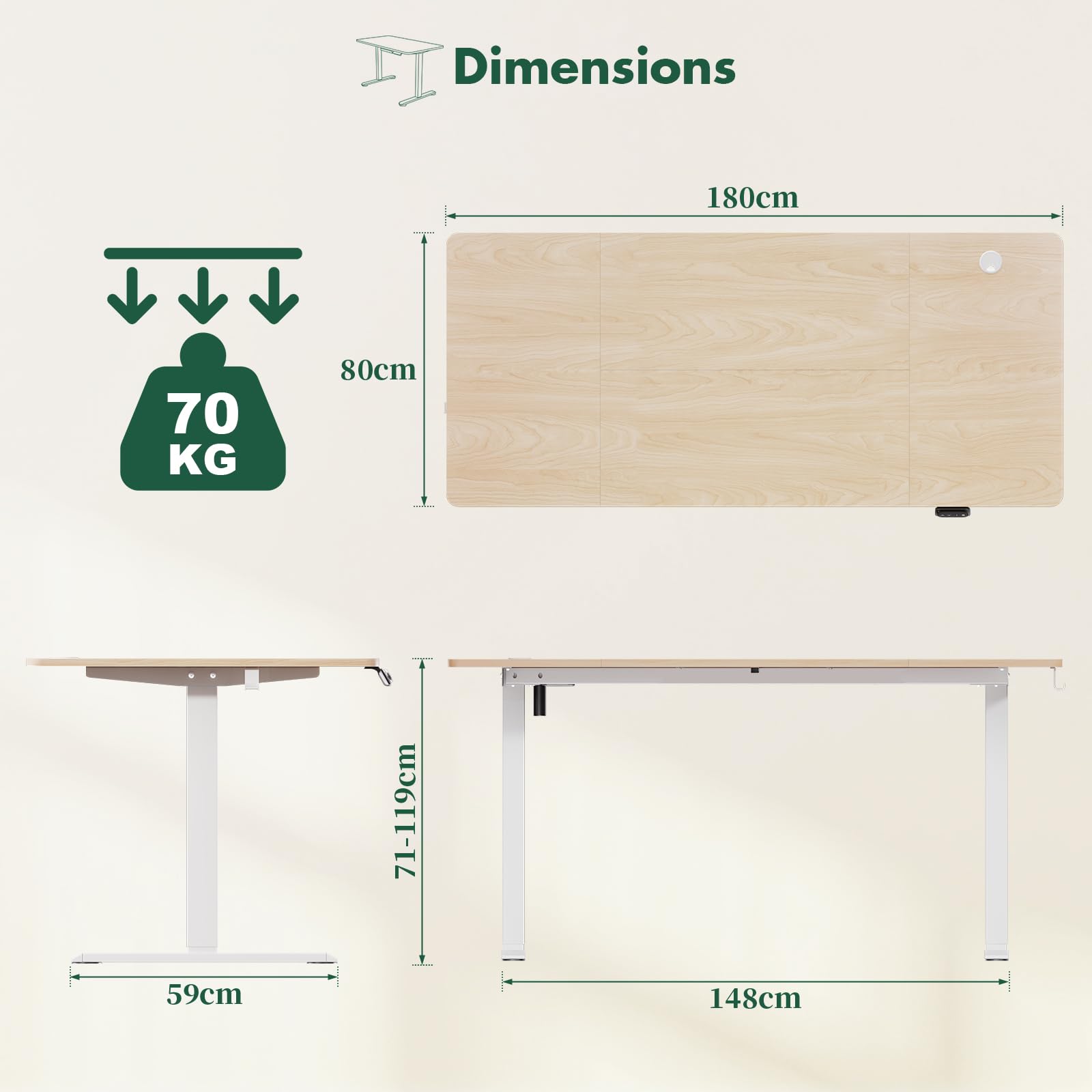 TRIUMPHKEUY 180 x 80cm Scrivania Regolabile in Altezza,Elettrica Regolabile Scrivania,Tavolo da Computer,con Funzione di Memoria,Standing Desk 71-119 cm(Beige)