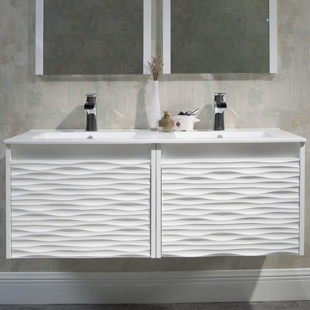 Blossom 48 Inch Floating Bathroom Vanity with Ceramic Sink | Modern All Wood Wall Mounted Vanity Cabinet with Soft-Close Drawer for Small Bathrooms (Glossy White)