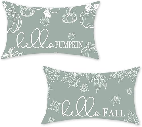 ONWAY Juego de 2 fundas de almohada otoñales de 12 x 20 pulgadas, diseño de calabaza, hojas de arce y calabaza, decoración para exteriores, patio,
