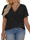 Plus-Size-Summer-Tops for Women Casual V Neck T Shirts Trendy Loose Tees Fashion Rolled Short Sleeve Tunics XL-5XL