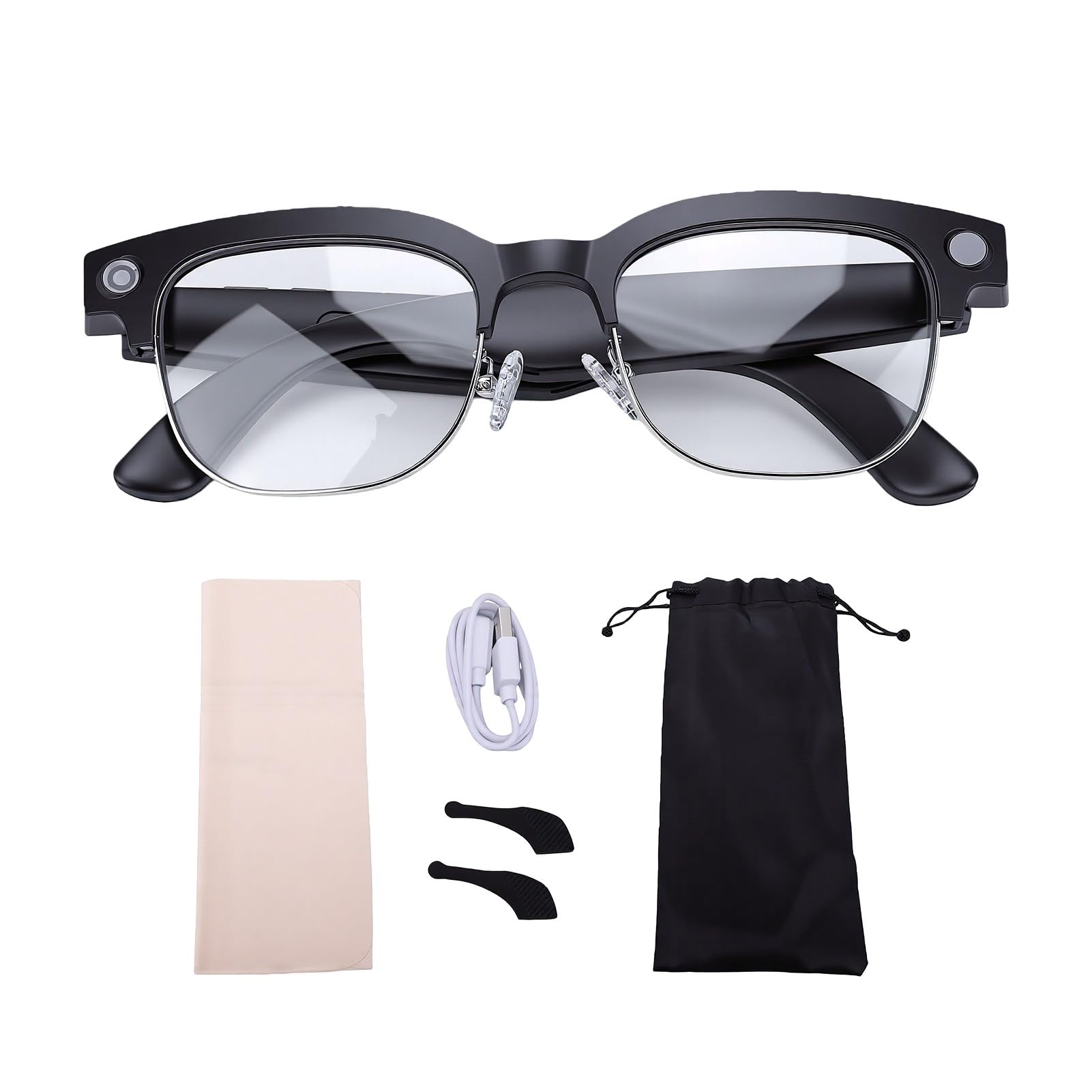Sxhlseller Lunettes Intelligentes avec Caméra, Lunettes Audio Bluetooth avec Traduction IA, Caméra 8 MP Vidéo HD 1080P Contrôle Vocal, for Voyage Travail Communication Multilingue