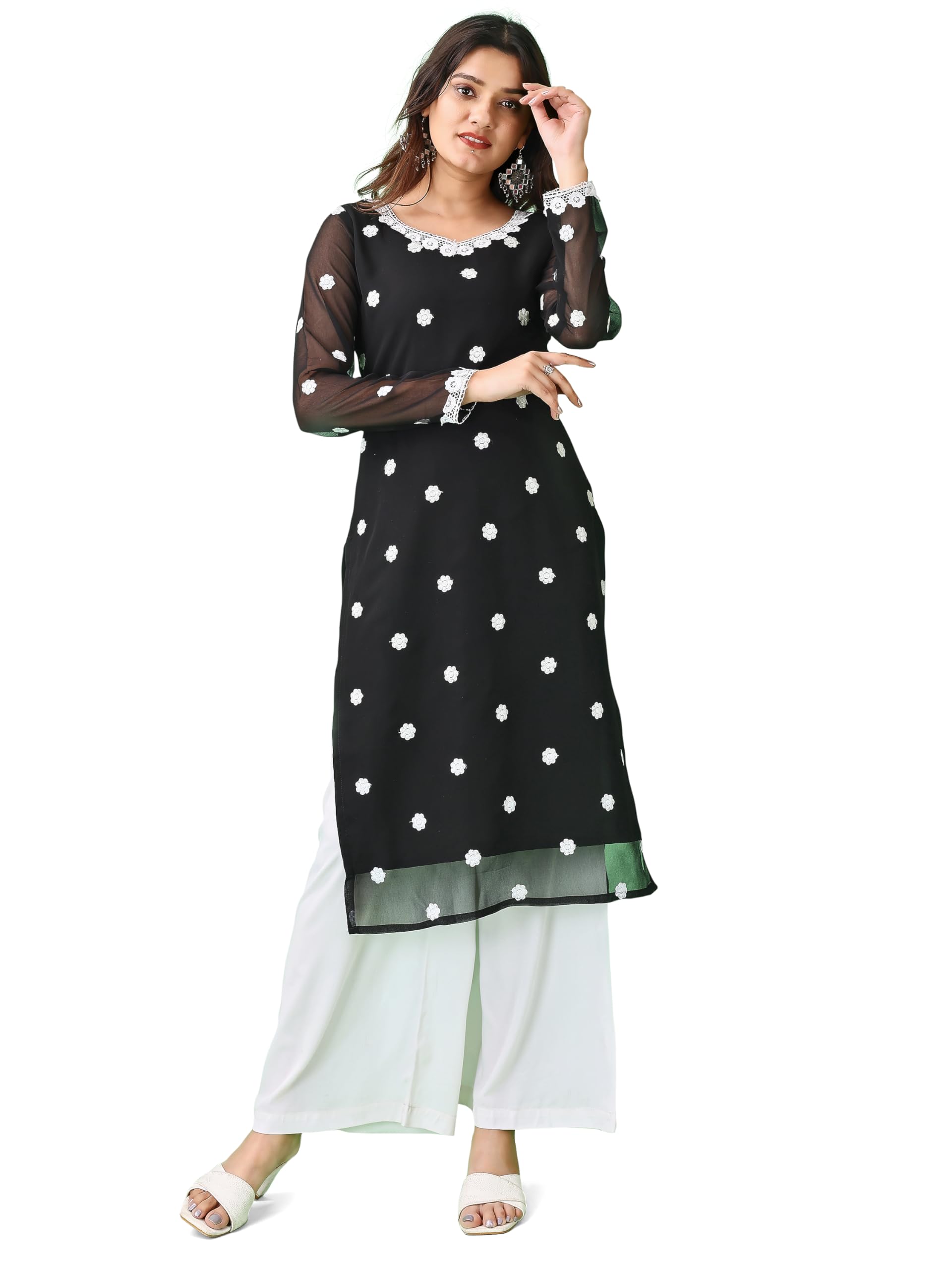 hesvi Women's Georgette Kurti with White Chikankari Lakhnavi Embroidery Work-picture-36