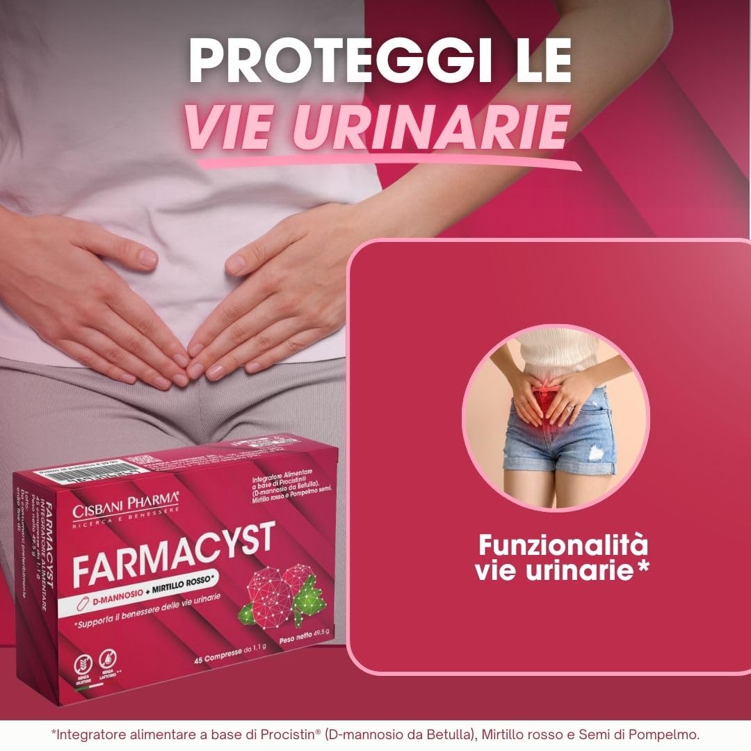 CISBANI PHARMA Farmacyst 45 compresse D-Mannosio, Mirtillo Rosso e Semi di Pompelmo - Integratore per Vie Urinarie - Sollievo da Cistite, Gonfiore e Infezioni - Senza Glutine, Senza Lattosio